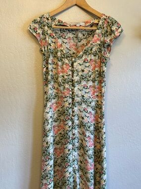 LOFT Coral & Green Floral Midi Dress with Button-Front